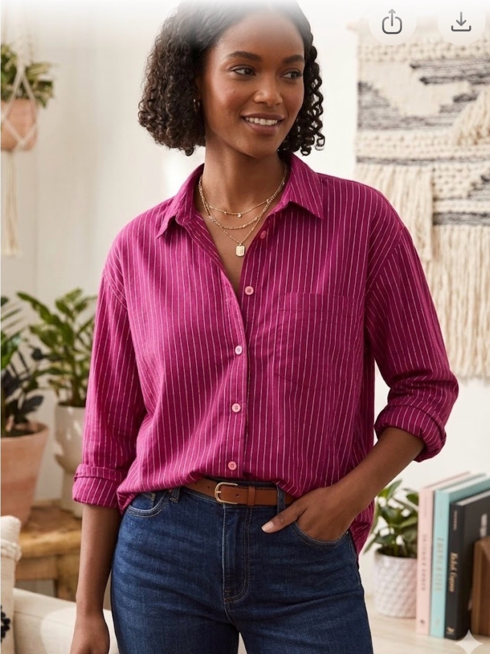 Maeve Striped Shimmer Button Down Blouse Size L